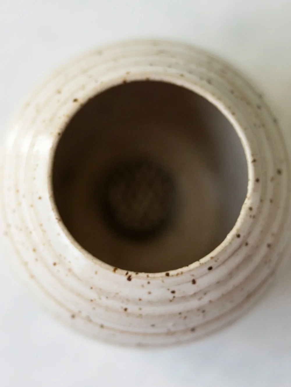 Signed handmade studio pottery pin flower frog ikebana round beige speckled pot